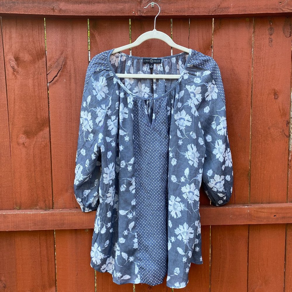 Fred FD David Blouse Plus Size 2X Peasant BOHO Top Blue white floral Tunic